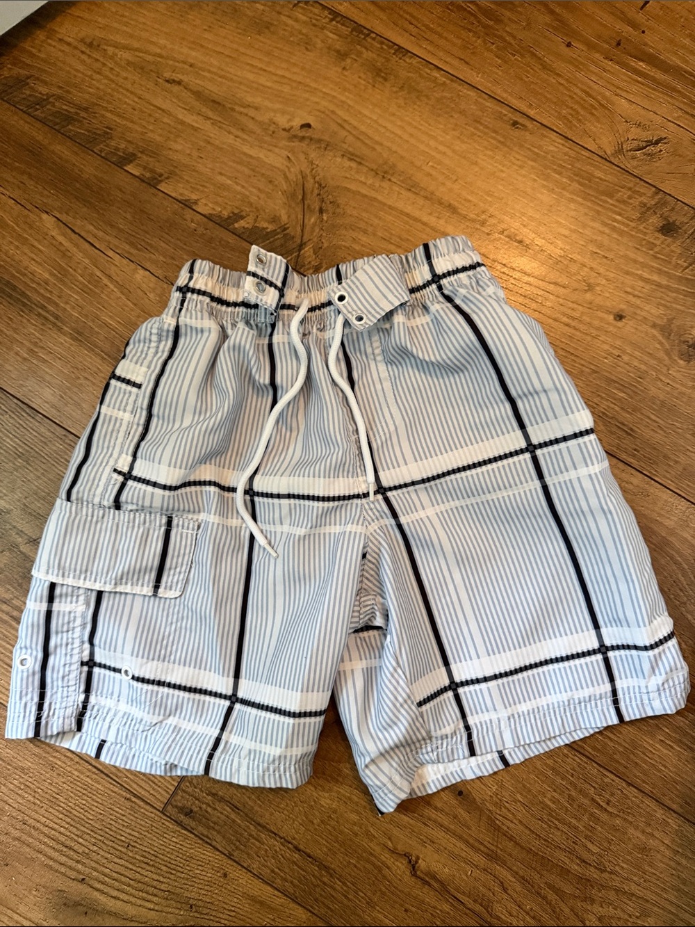 Boys White Plaid Swim Trunks with Drawstring Waist